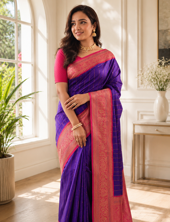 purple color rich contrast weaving pallu and border kanchi weaving buttis on border silk blend saree