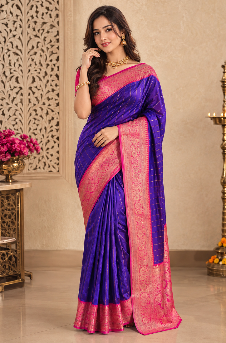 purple color rich contrast weaving pallu and border kanchi weaving buttis on border silk blend saree