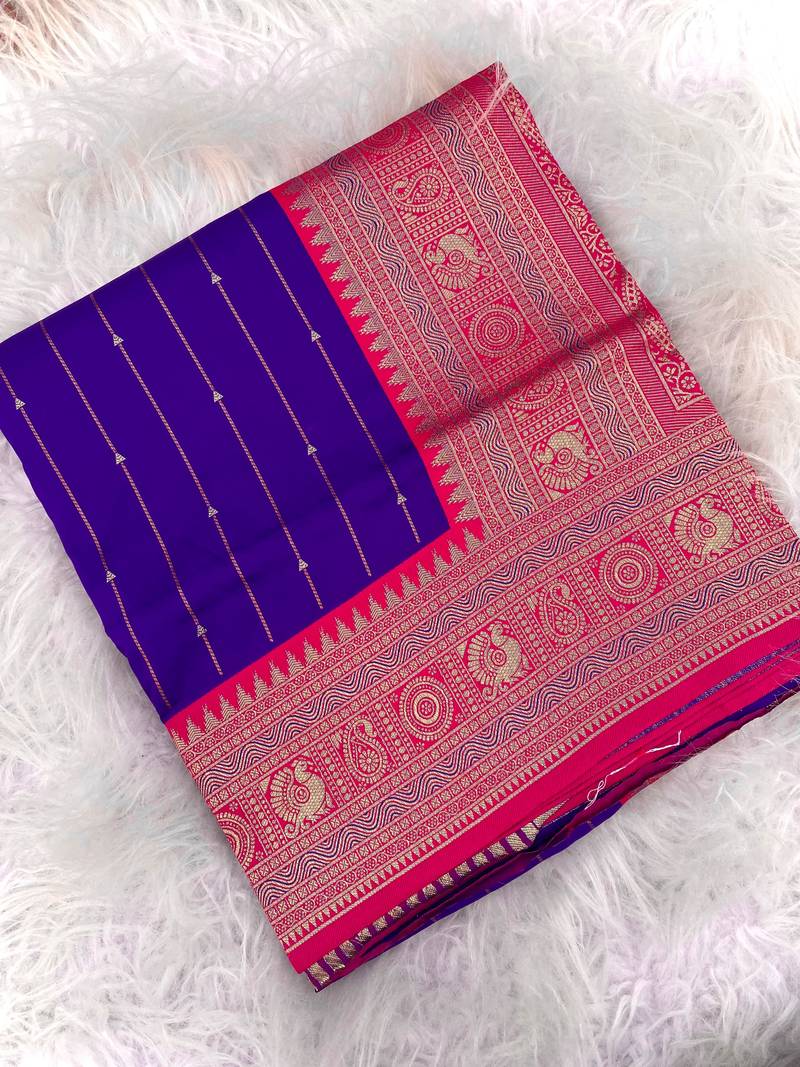 purple color rich contrast weaving pallu and border kanchi weaving buttis on border silk blend saree