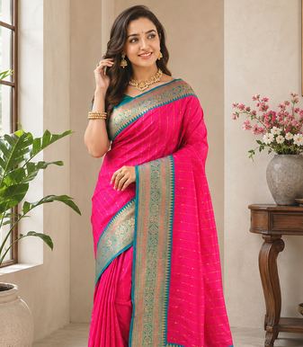 rani pink color rich contrast weaving pallu and border kanchi weaving buttis on border silk blend saree