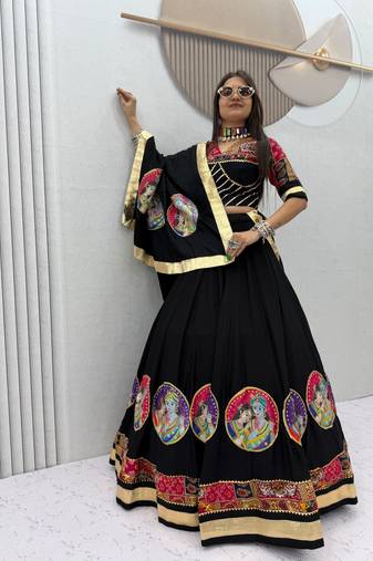Black Ribinprint And Lace work Cotton Lehenga Choli Set