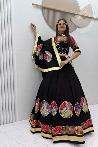 Black Ribinprint And Lace work Cotton Lehenga Choli Set