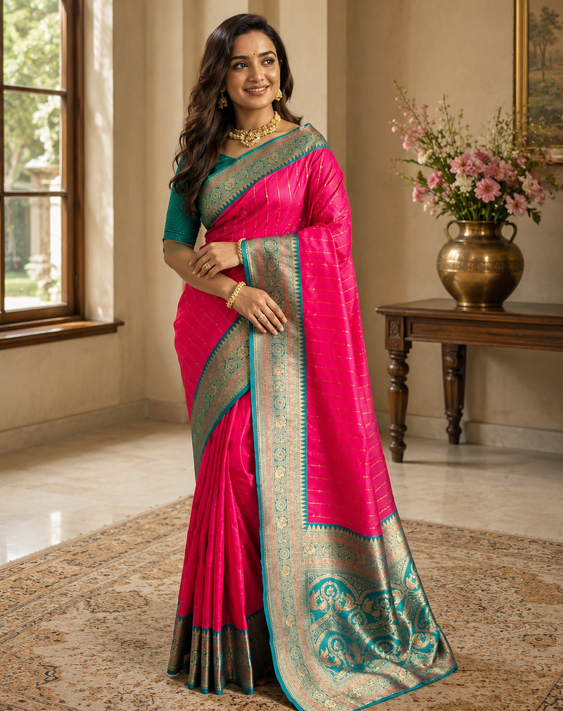 rani pink color rich contrast weaving pallu and border kanchi weaving buttis on border silk blend saree