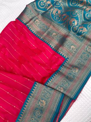 rani pink color rich contrast weaving pallu and border kanchi weaving buttis on border silk blend saree 3