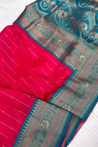 rani pink color rich contrast weaving pallu and border kanchi weaving buttis on border silk blend saree