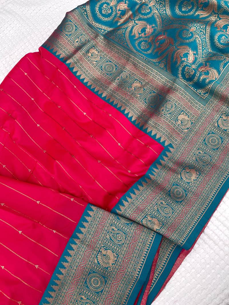 rani pink color rich contrast weaving pallu and border kanchi weaving buttis on border silk blend saree