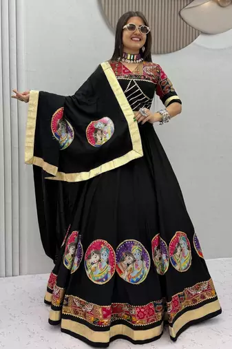 Black Ribinprint And Lace work Cotton Lehenga Choli Set