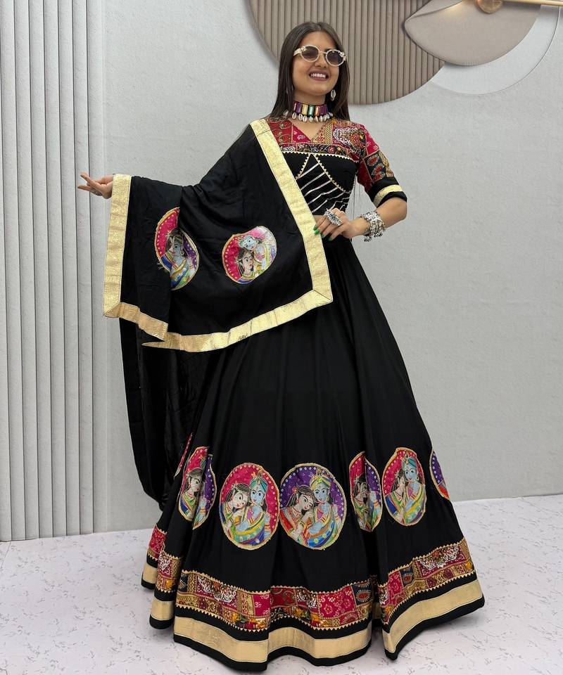 Black Ribinprint And Lace work Cotton Lehenga Choli Set
