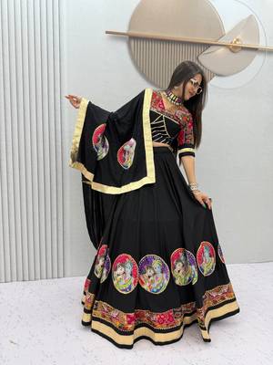 Black Ribinprint And Lace work Cotton Lehenga Choli Set 3
