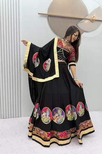 Black Ribinprint And Lace work Cotton Lehenga Choli Set