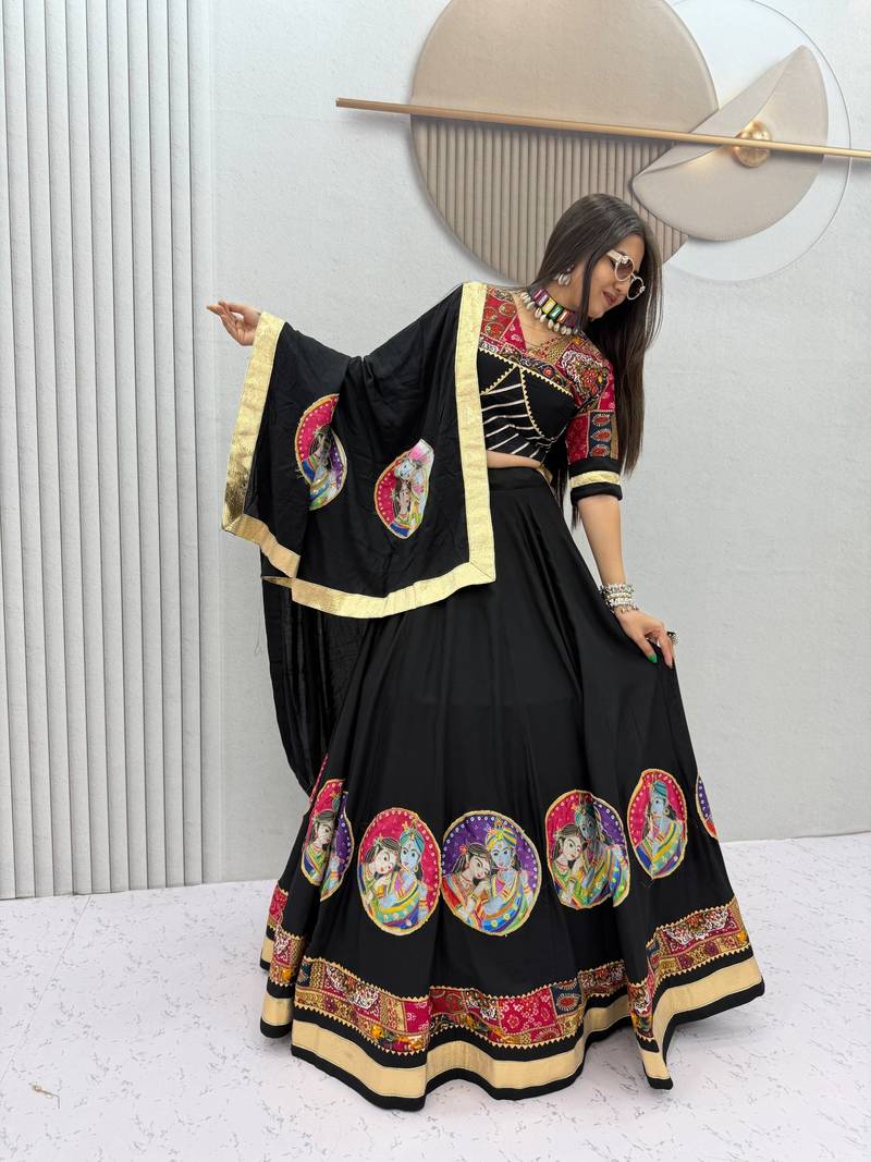 Black Ribinprint And Lace work Cotton Lehenga Choli Set