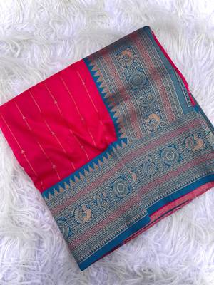 rani pink color rich contrast weaving pallu and border kanchi weaving buttis on border silk blend saree 4