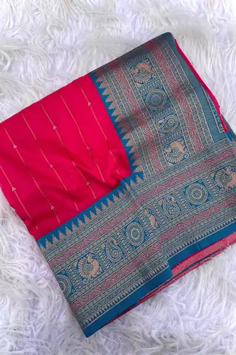 rani pink color rich contrast weaving pallu and border kanchi weaving buttis on border silk blend saree