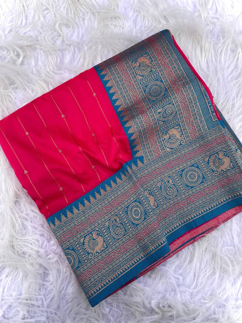 rani pink color rich contrast weaving pallu and border kanchi weaving buttis on border silk blend saree