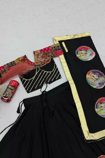 Black Ribinprint And Lace work Cotton Lehenga Choli Set