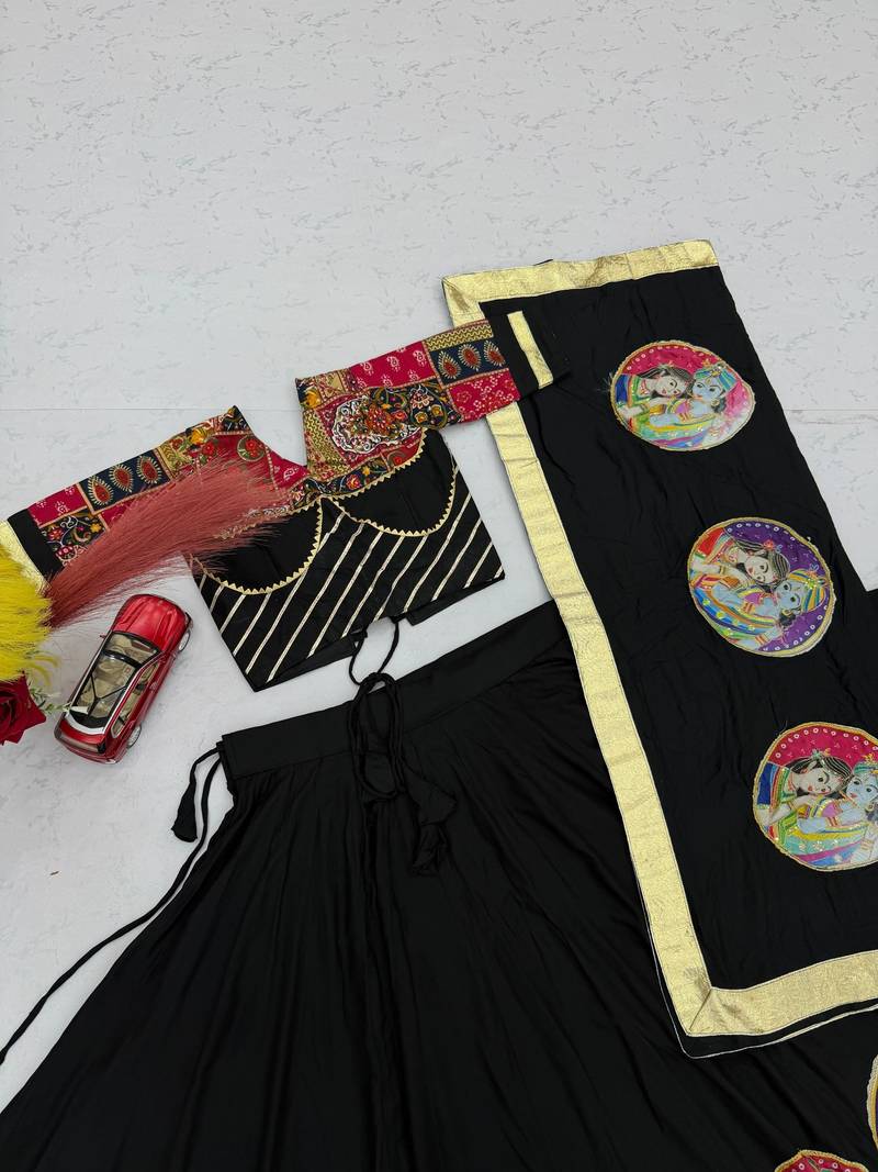 Black Ribinprint And Lace work Cotton Lehenga Choli Set