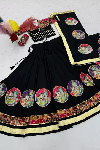 Black Ribinprint And Lace work Cotton Lehenga Choli Set