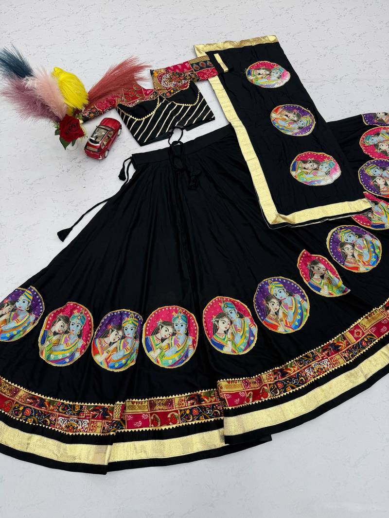 Black Ribinprint And Lace work Cotton Lehenga Choli Set