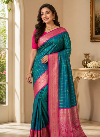 sea green color rich contrast weaving pallu and border kanchi weaving buttis on border silk blend saree