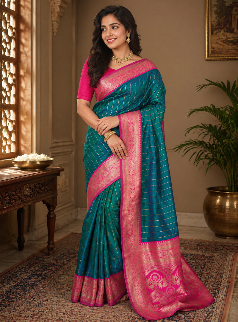 sea green color rich contrast weaving pallu and border kanchi weaving buttis on border silk blend saree