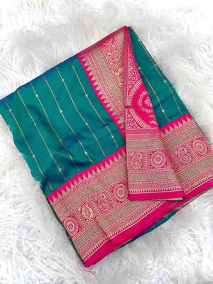 sea green color rich contrast weaving pallu and border kanchi weaving buttis on border silk blend saree 4