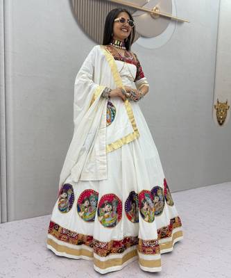 White Ribinprint And Lace work Cotton Lehenga Choli Set 1