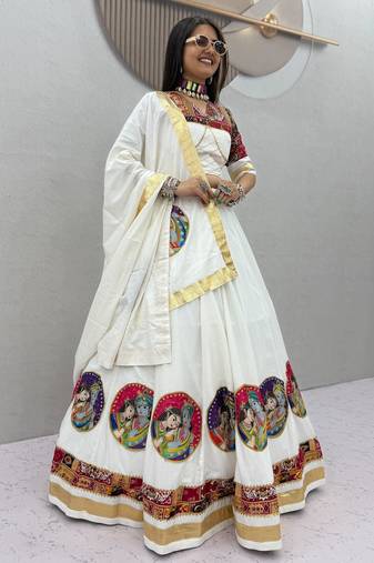 White Ribinprint And Lace work Cotton Lehenga Choli Set