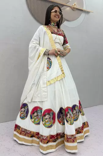 White Ribinprint And Lace work Cotton Lehenga Choli Set