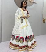 White Ribinprint And Lace work Cotton Lehenga Choli Set