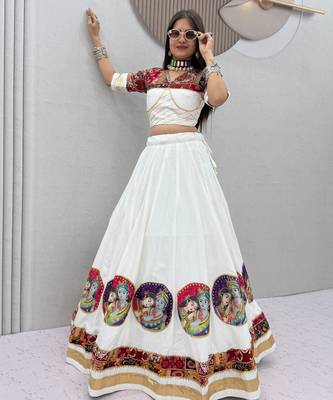 White Ribinprint And Lace work Cotton Lehenga Choli Set 2