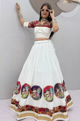 White Ribinprint And Lace work Cotton Lehenga Choli Set