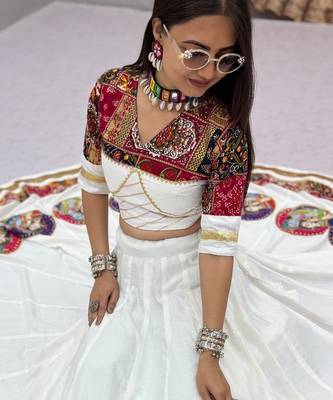 White Ribinprint And Lace work Cotton Lehenga Choli Set 3