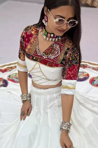 White Ribinprint And Lace work Cotton Lehenga Choli Set