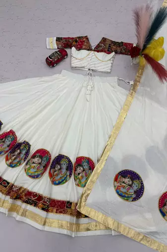 White Ribinprint And Lace work Cotton Lehenga Choli Set