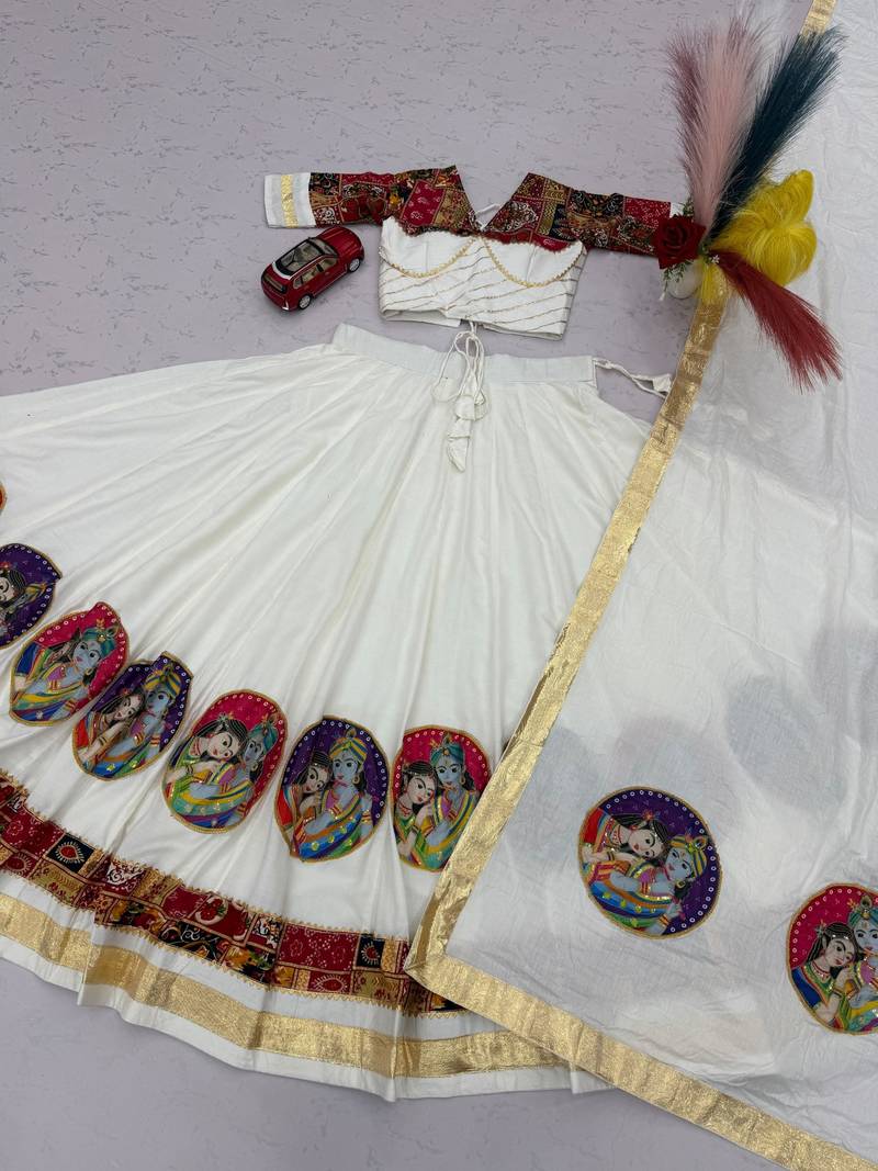 White Ribinprint And Lace work Cotton Lehenga Choli Set