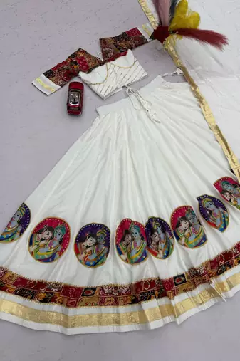 White Ribinprint And Lace work Cotton Lehenga Choli Set