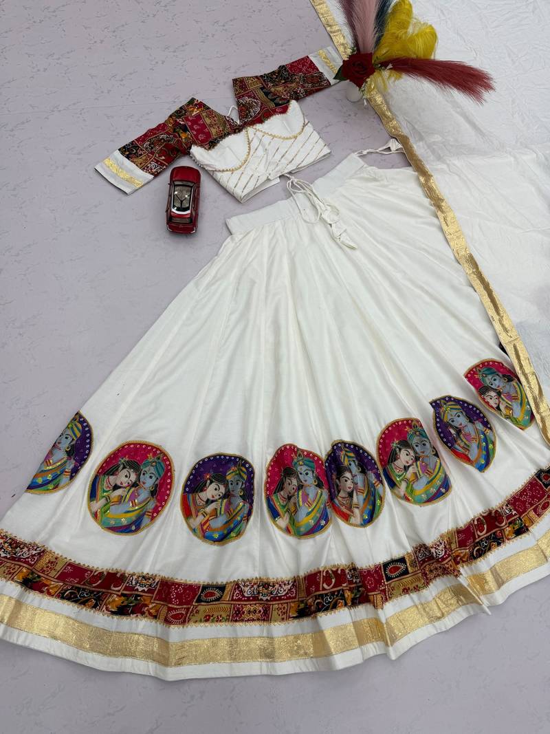 White Ribinprint And Lace work Cotton Lehenga Choli Set