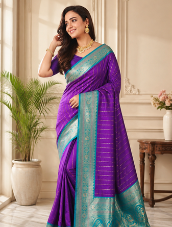 violet color rich contrast weaving pallu and border kanchi weaving buttis on border silk blend saree