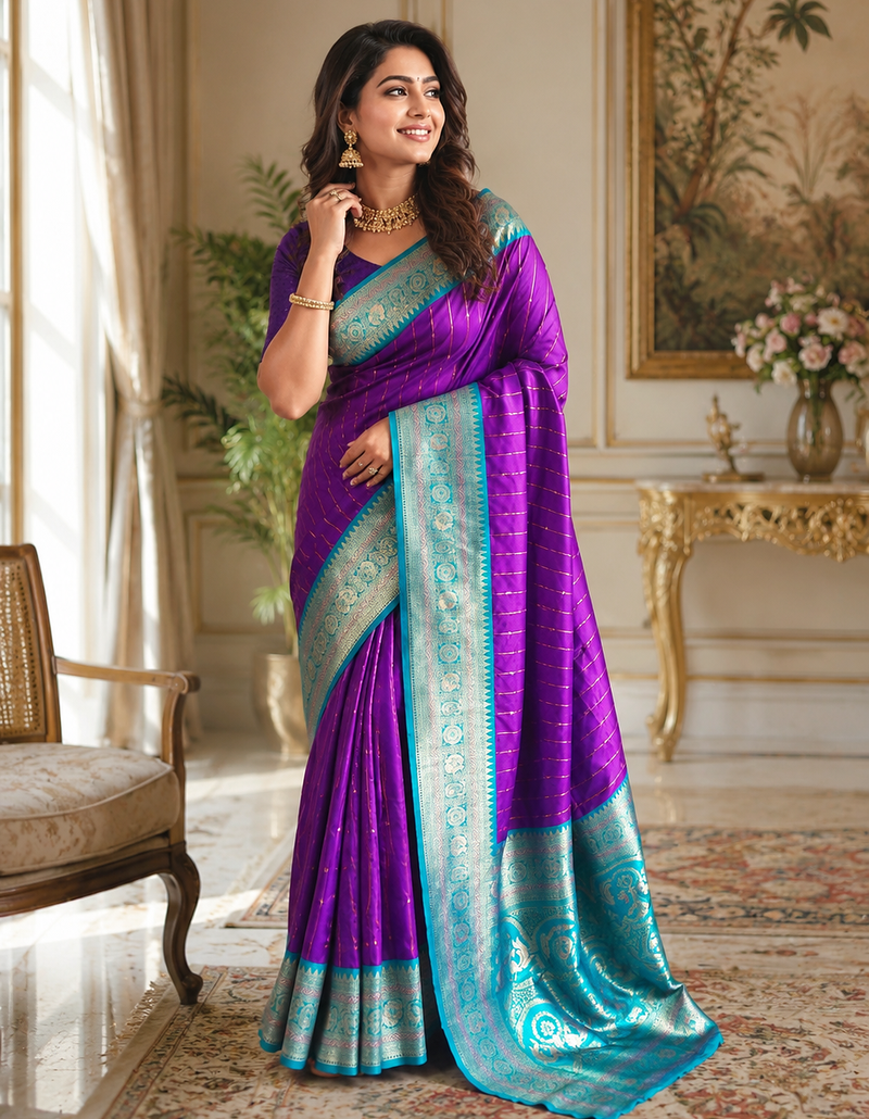 violet color rich contrast weaving pallu and border kanchi weaving buttis on border silk blend saree