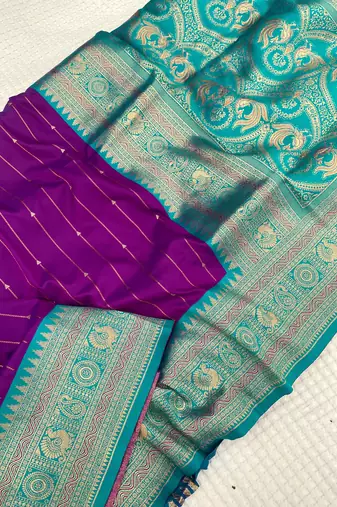 violet color rich contrast weaving pallu and border kanchi weaving buttis on border silk blend saree