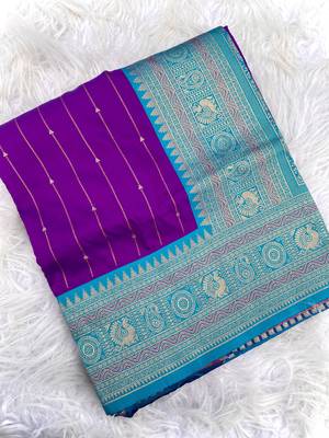violet color rich contrast weaving pallu and border kanchi weaving buttis on border silk blend saree 4