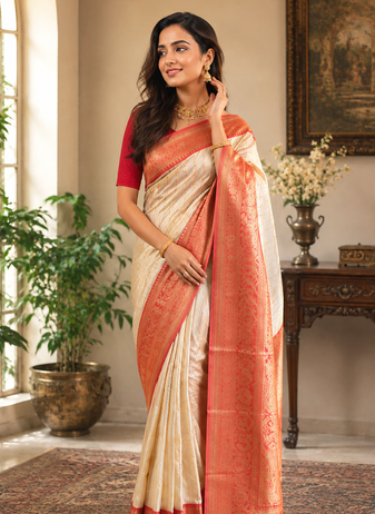 white color rich contrast weaving pallu and border kanchi weaving buttis on border silk blend saree