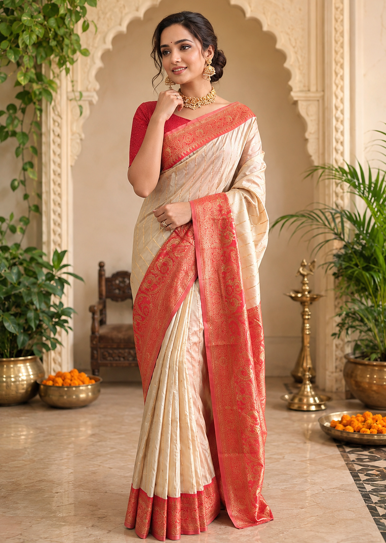 white color rich contrast weaving pallu and border kanchi weaving buttis on border silk blend saree