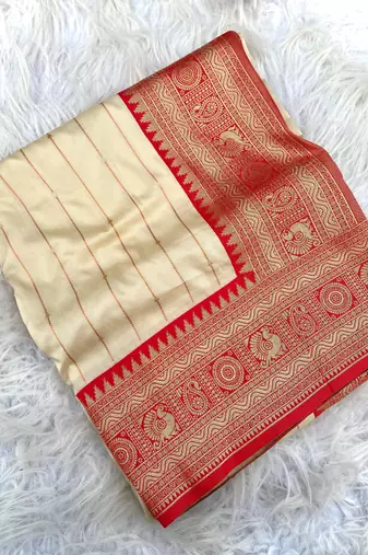 white color rich contrast weaving pallu and border kanchi weaving buttis on border silk blend saree