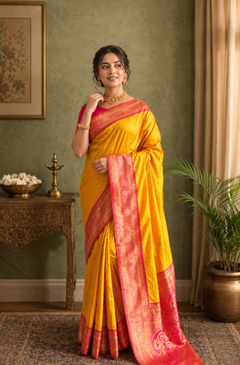 yellow color rich contrast weaving pallu and border kanchi weaving buttis on border silk blend saree 1