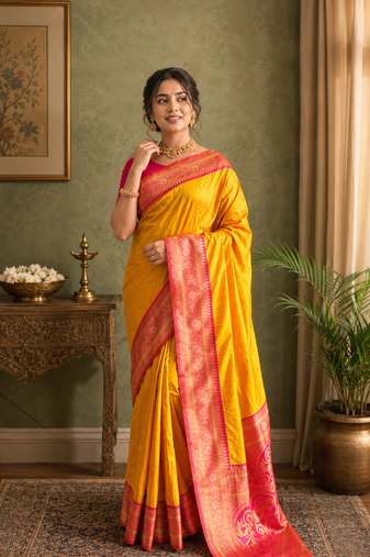 yellow color rich contrast weaving pallu and border kanchi weaving buttis on border silk blend saree