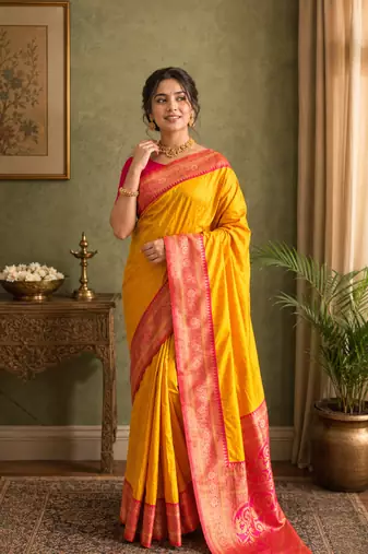 yellow color rich contrast weaving pallu and border kanchi weaving buttis on border silk blend saree