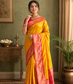 yellow color rich contrast weaving pallu and border kanchi weaving buttis on border silk blend saree