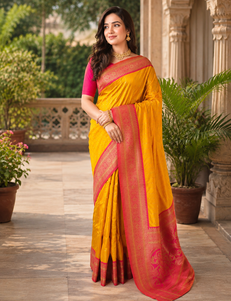 yellow color rich contrast weaving pallu and border kanchi weaving buttis on border silk blend saree