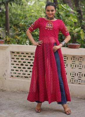 Red georgette readymade navratri anarkali with bandhani & kutchi patchework 1